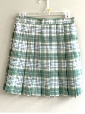 BLUE GREEN WHITE PLAID PLEATED SKIRT ZIPPER SLIDE CLASP SINGLE POCKET